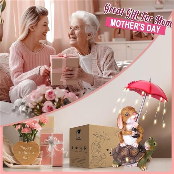 Solar Garden Statues Rabbit Turtle Garden Decor Figurine Lights for Outside - Picture 3 of 6